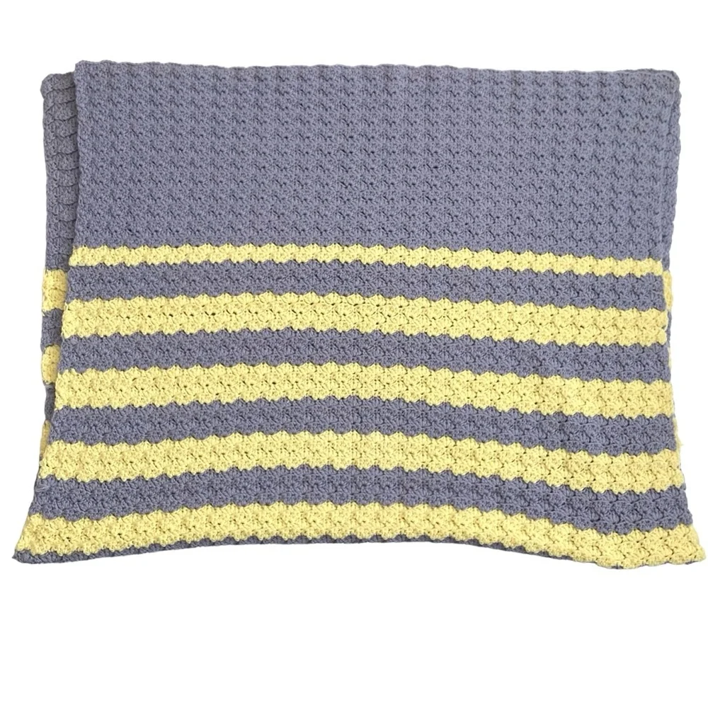 Vintage Unisex Hand Knitted Crocheted Baby Blanket Blueish Gray Yellow 36x48”
